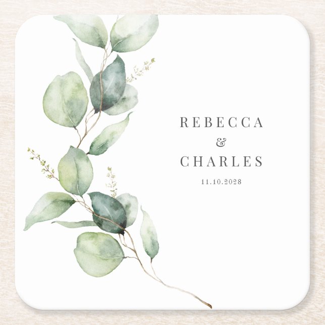 Floral Eucalyptus Script Wedding Favour Square Paper Coaster (Front)