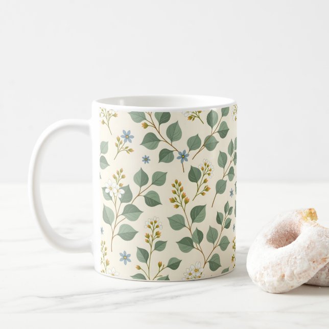 Floral eucalyptus seamless pattern coffee mug (With Donut)