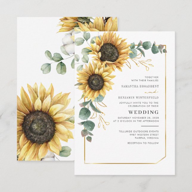 Floral Eucalyptus Sunflower Greenery Wedding Invitation (Front/Back)