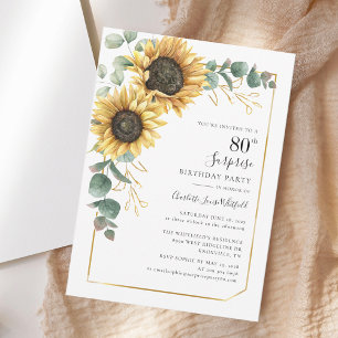 Floral Eucalyptus Sunflower Surprise 80th Birthday Invitation