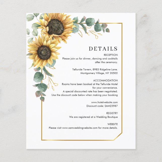 Floral Eucalyptus Sunflower Wedding Details Card (Front)