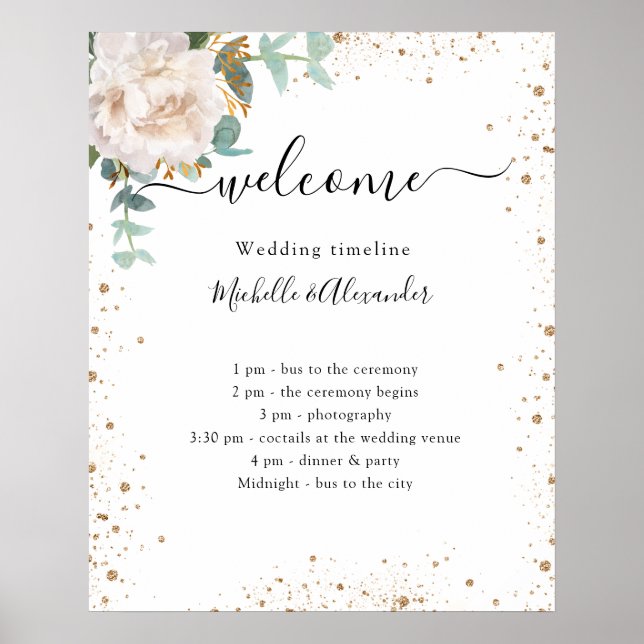 Floral eucalyptus wedding timeline program poster (Front)