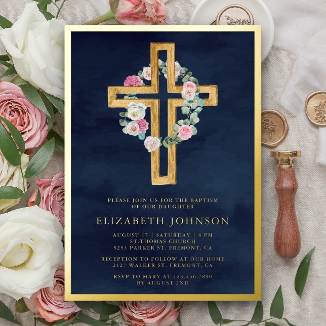 Floral Eucalyptus Wood Cross Baptism Navy Gold (Creator Uploaded)