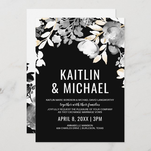 Floral Evening Wedding Invitation (Black & Gold) (Front/Back)