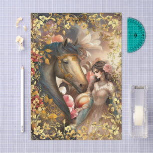 Floral Exotic Woman, Horse & Gold Frame Decoupage Tissue Paper