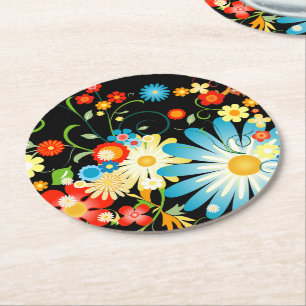 Floral Explosion of Colour on Black Round Paper Coaster