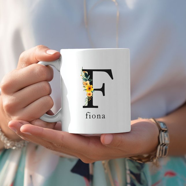 Floral F Monogram Mug with Editable Name (Floral F Monogram Mug with Editable Name. Yellow, Orange & Greenery Watercolor Flowers.)