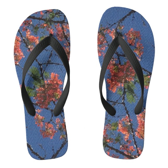 Floral Fabric Blue, wide black, Jandals (Footbed)