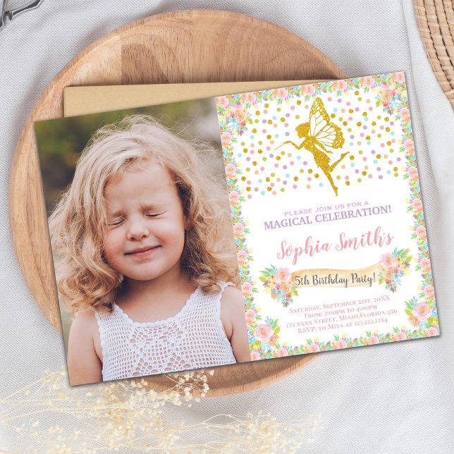 Floral Fairy Birthday Invitation with Photo (Floral Fairy Birthday Invitations with photo)