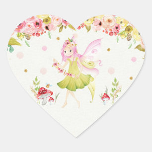 Floral Fairy Birthday Party Favour Heart Sticker
