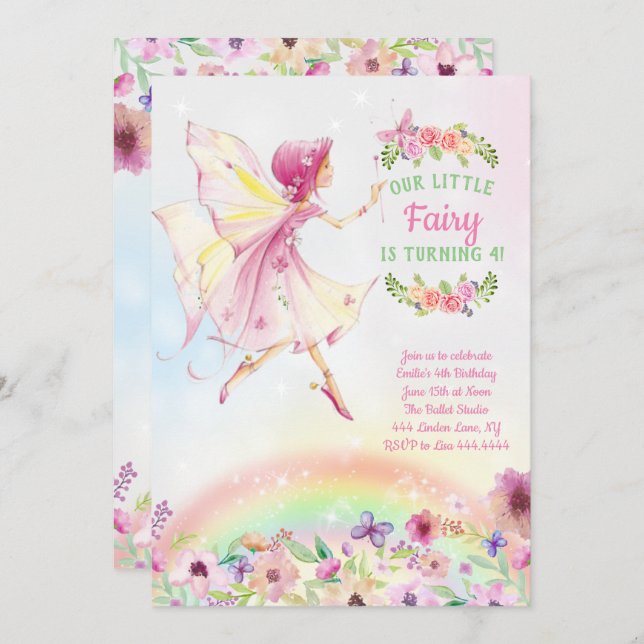 Floral Fairy Birthday Party Invitations (Front/Back)