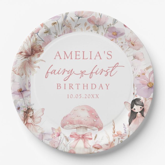 Floral Fairy First Birthday Party Paper Plates (Front)