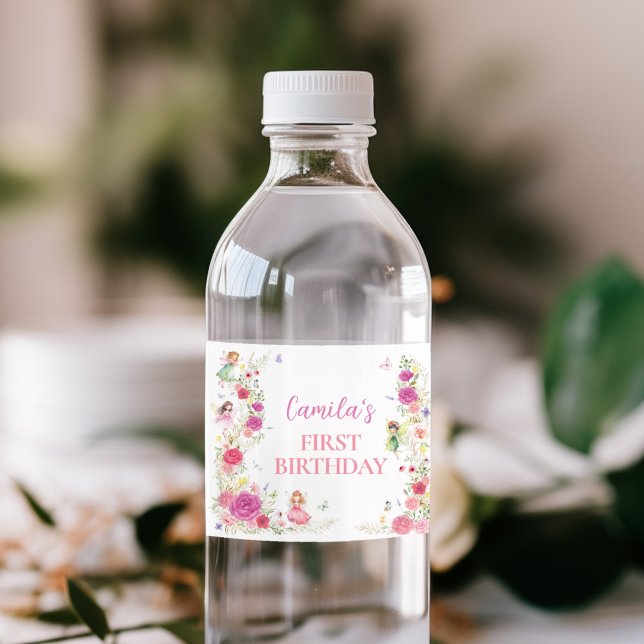 Floral Fairy First Birthday Water Bottle Label (Creator Uploaded)