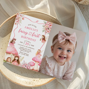 Floral Fairy First Girls 1st Birthday Party Photo Invitation