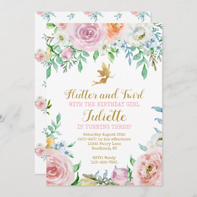 Floral Fairy Party Invitation, Fairy Invitation (Front/Back)
