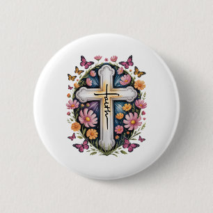 Floral Faith Cross  6 Cm Round Badge
