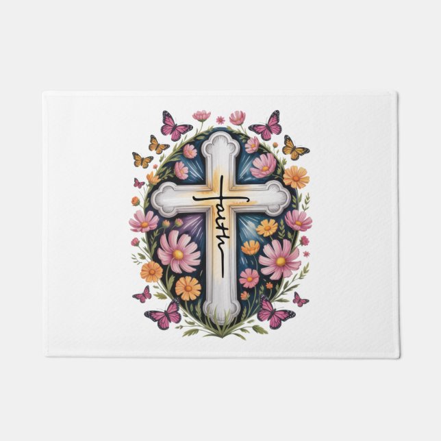 Floral Faith Cross  Doormat (Front)