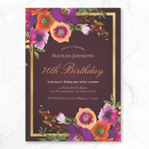 Floral Fall Burgundy 70th Birthday Party Invitation