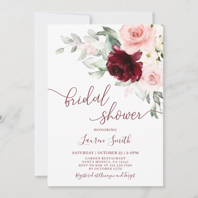 Floral Fall Burgundy blush Bridal Shower Invitation (Front)