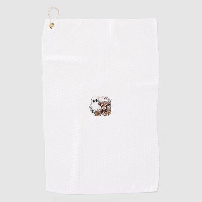 Floral Fall Highland Cow Ghost Golf Towel (Front)