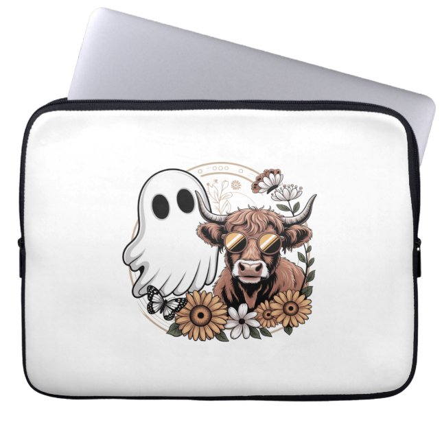 Floral Fall Highland Cow Ghost Laptop Sleeve (Front)