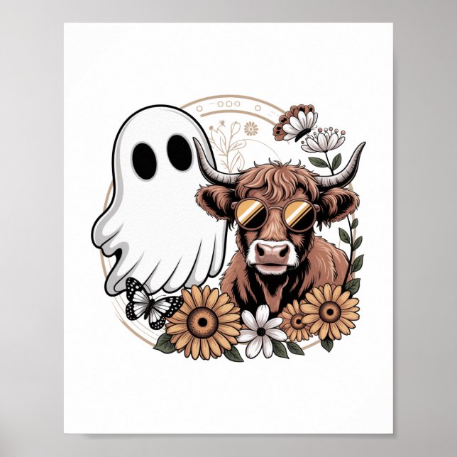 Floral Fall Highland Cow Ghost Poster (Front)