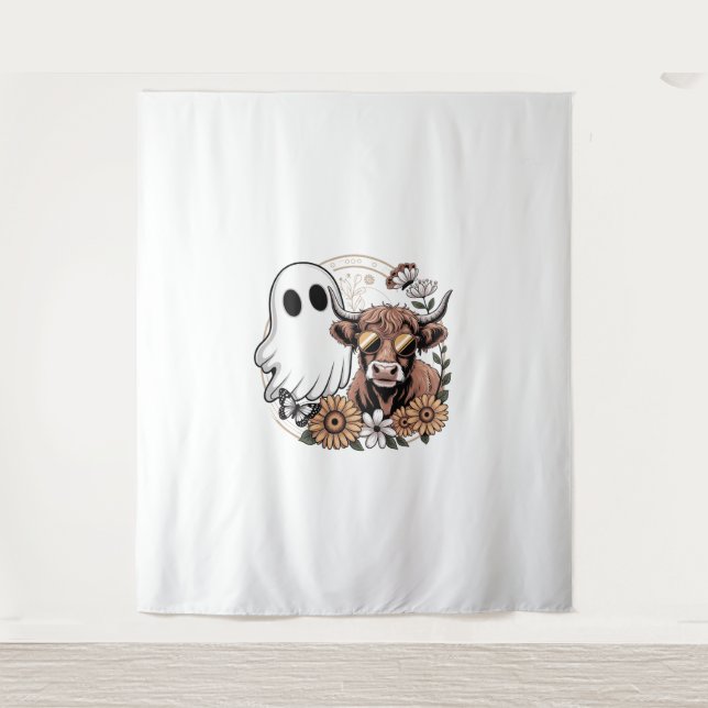 Floral Fall Highland Cow Ghost Tapestry (Front)