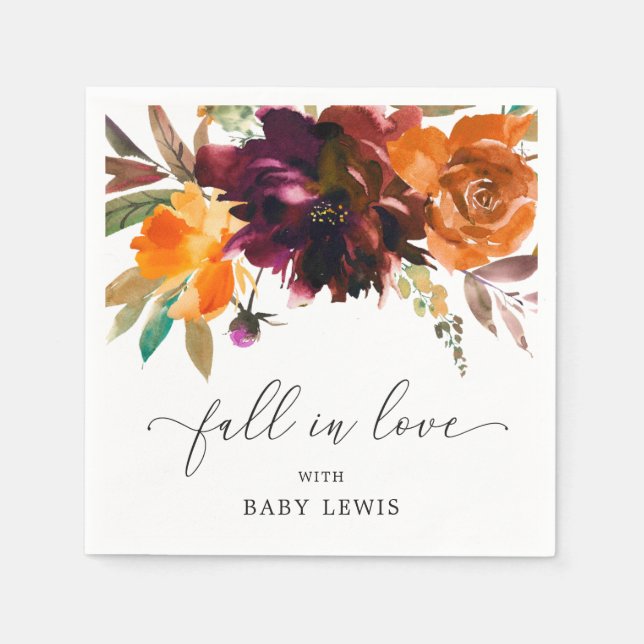 Floral Fall in Love Orange Burgundy Baby Shower Napkin (Front)