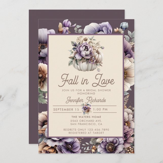 Floral Fall in Love Purple Bridal Shower Invitation (Front/Back)