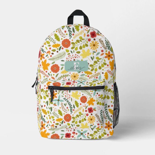 Floral Fall Leaves Autumn Wildflowers Personalised Printed Backpack (Front)