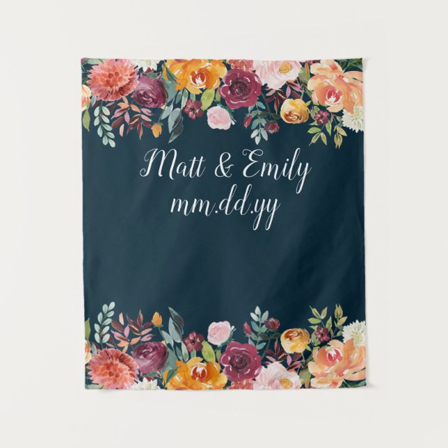 Floral Fall Photo Booth Prop Navy Wedding Backdrop Tapestry (Front)