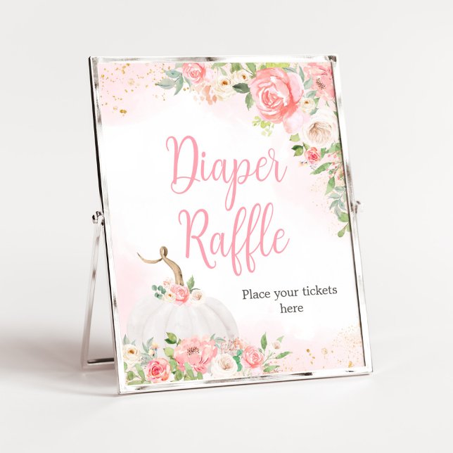Floral Fall Pumpkin Baby Shower Diaper Raffle Poster (Pink Pumpkin Baby Shower Diaper Raffle Sign)