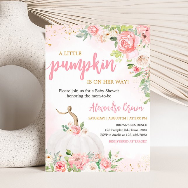 Floral Fall Pumpkin Baby Shower Invitation (Pink Pumpkin Baby Shower Invitation)