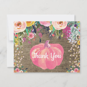 Floral Fall Pumpkin Burlap Gold Glitter Confetti Thank You Card
