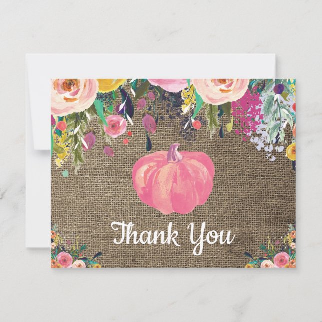 Floral Fall Pumpkin Burlap Thank You Card (Front)