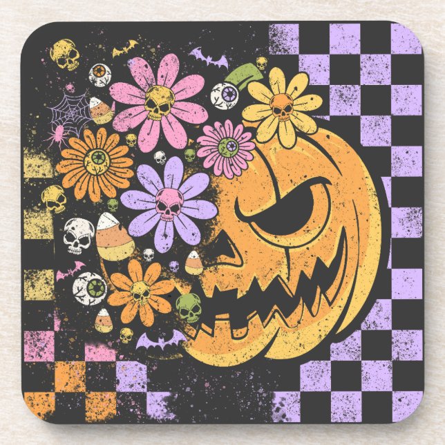 Floral Fall Pumpkin Halloween Coaster (Front)