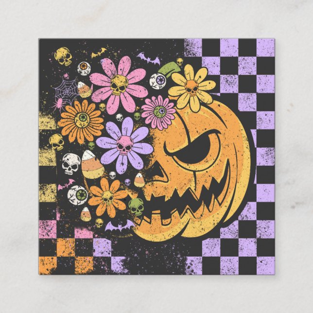 Floral Fall Pumpkin Halloween Square Business Card (Front)