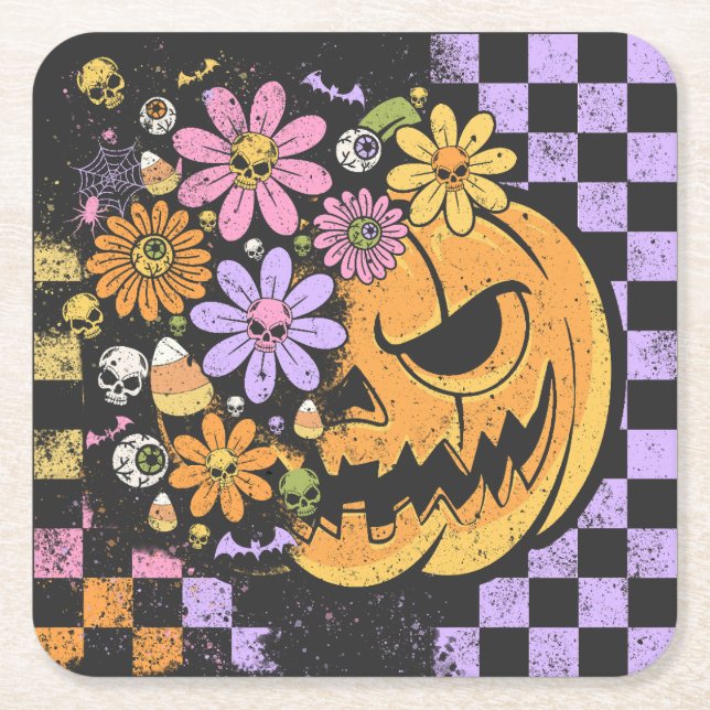 Floral Fall Pumpkin Halloween Square Paper Coaster (Front)