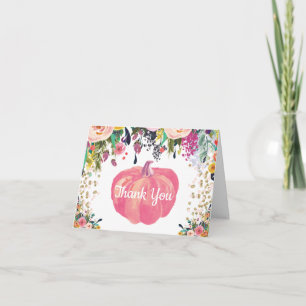 Floral Fall Pumpkin Pink Gold Glitter Confetti Thank You Card
