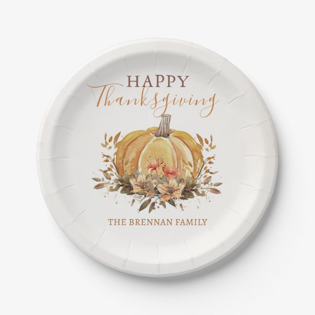 Floral Fall Pumpkin Thanksgiving Dinner Paper Plate (Front)