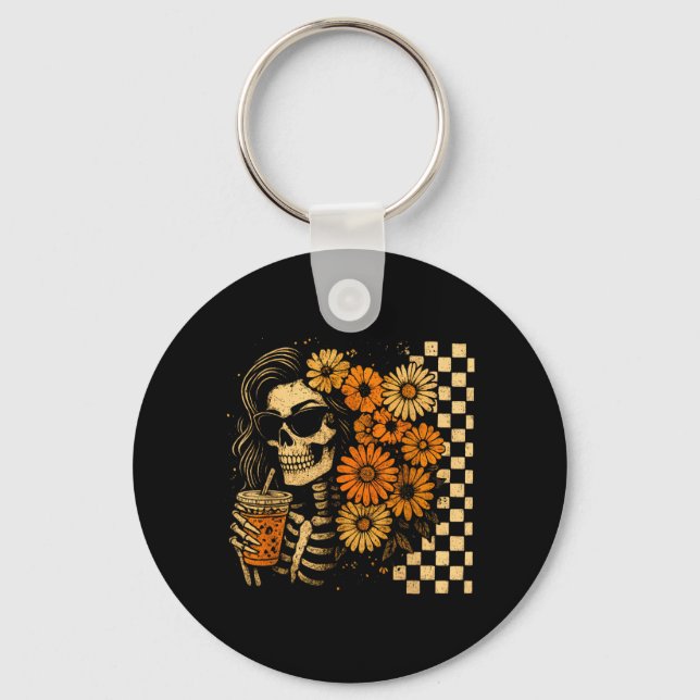 Floral Fall Skeleton Coffee Mum Halloween Retro Key Ring (Front)