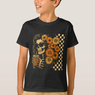 Floral Fall Skeleton Coffee Mum Halloween Retro T-Shirt