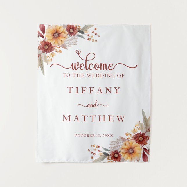 Floral Fall Wedding Welcome Tapestry (Front)