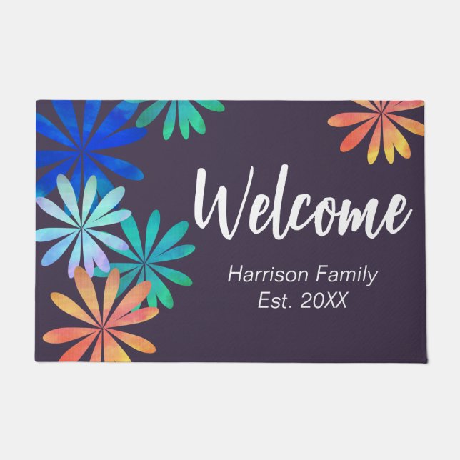 Floral Family Name Established Dark Welcome  Doormat (Front)