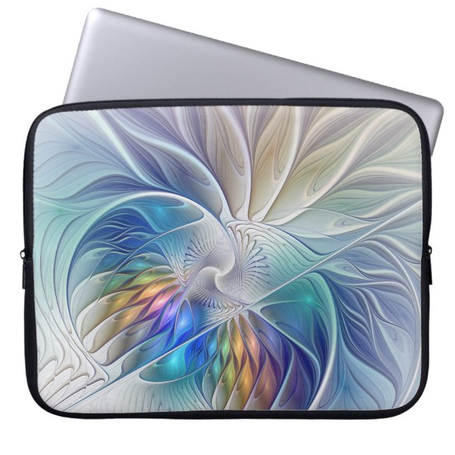 Floral Fantasy, Colorful Abstract Fractal Flower Laptop Sleeve (Front)