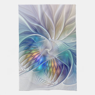 Floral Fantasy, Colorful Abstract Fractal Flower Tea Towel