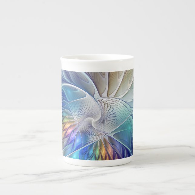 Floral Fantasy, Colourful Abstract Fractal Flower Bone China Mug (Front)