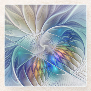 Floral Fantasy, Colourful Abstract Fractal Flower Glass Coaster