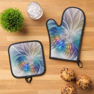 Floral Fantasy, Colourful Abstract Fractal Flower Oven Mitt & Pot Holder Set