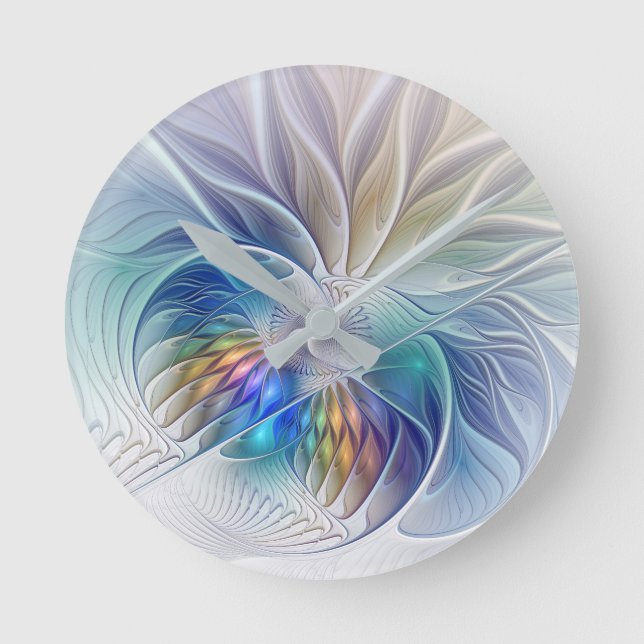 Floral Fantasy, Colourful Abstract Fractal Flower Round Clock (Front)